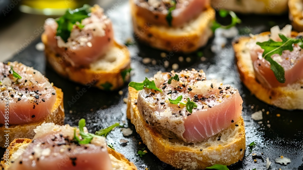 Mouthwatering Tuna Crostini with Crisp Bread and Fresh Seafood Delight Mouthwatering Tuna Crostini with Crisp Bread and Fresh Seafood Delight