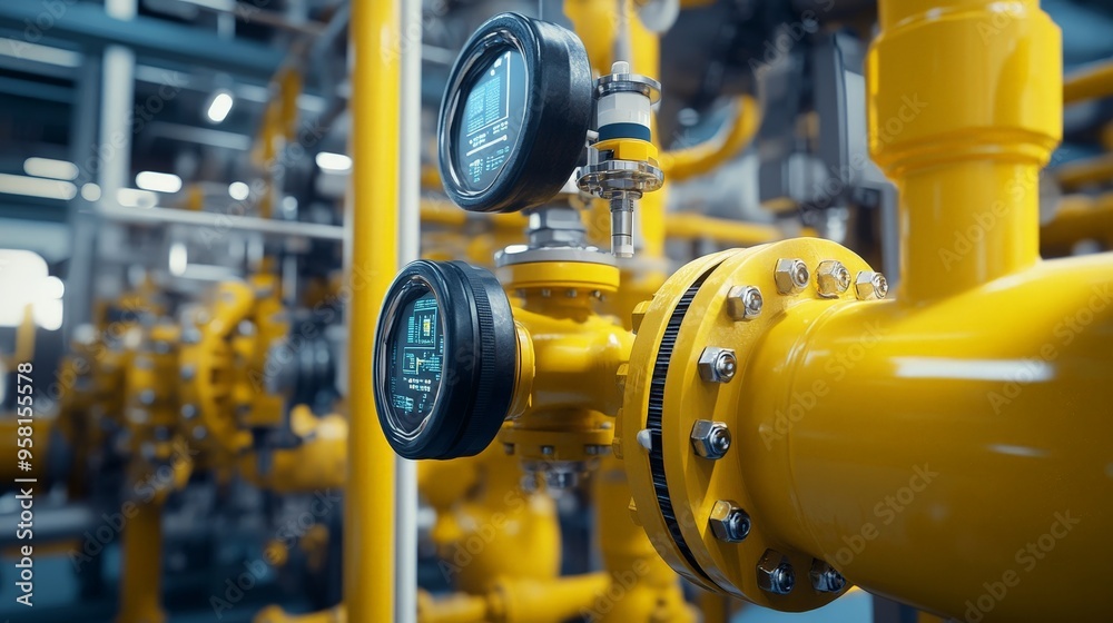 A close-up of yellow valves and pipes in a gas plant, integrated with advanced control technology. A close-up of yellow valves and pipes in a gas plant, integrated with advanced control technology.