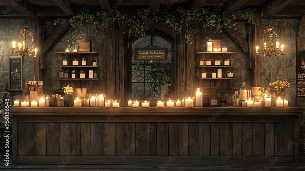 Obraz premium A cozy candle-lit shop interior with wooden shelves, charming decorations, and a warm ambiance perfect for relaxation.