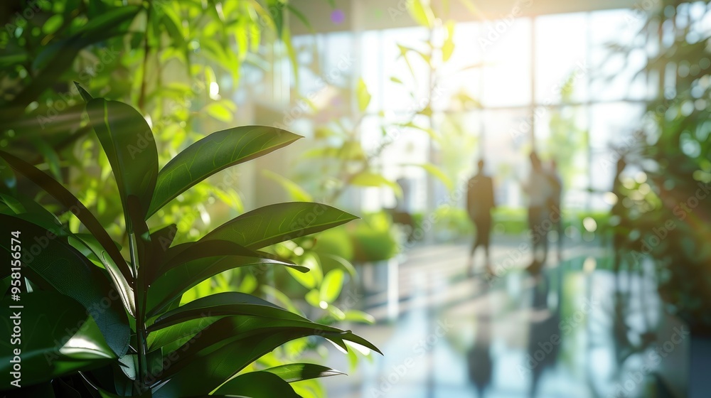 Naklejka premium A group of business people walking in an office building with green plants on the glass wall, motion blur and long exposure effect.