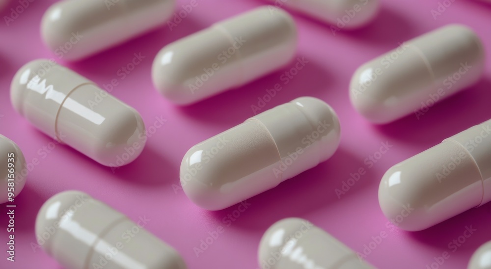 White round tablets arranged neatly on a pink background in a medical context White round tablets arranged neatly on a pink background in a medical context