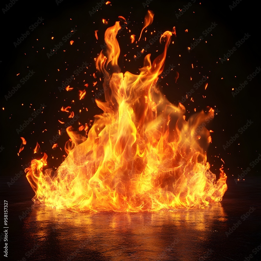 Fototapeta premium Intense Fiery 3D Blaze with Raging Flames and Glowing Embers Isolated on Black Background