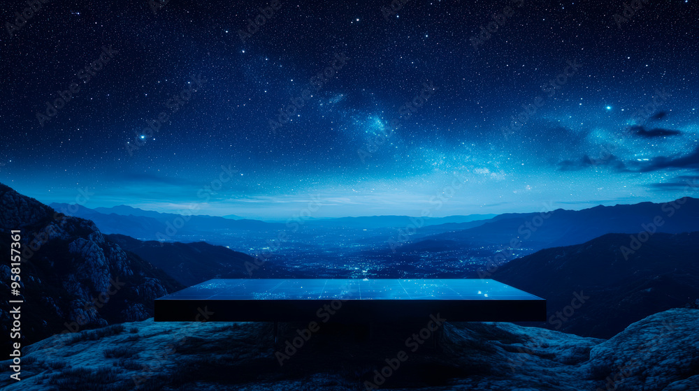 Naklejka premium Glass Platform On Mountaintop With Starry Night Sky And Valley View, Perfect For Celestial Or Night-Themed Visuals . Generative ai