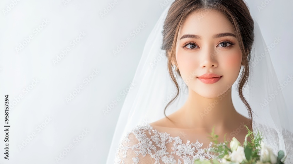 Elegant Southeast Asian bride with soft curls and a beaded wedding dress, posed gracefully against a light background, medium shot capturing her radiance Elegant Southeast Asian bride with soft curls and a beaded wedding dress, posed gracefully against a light background, medium shot capturing her radiance