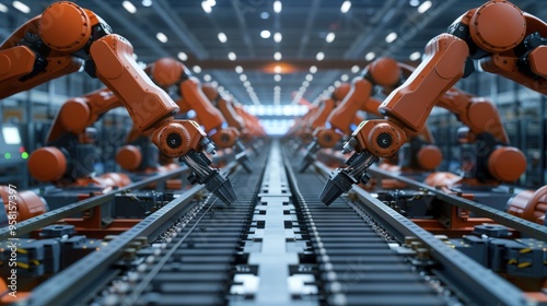 Operators control robotic arms on assembly lines. Background for advertising the development of modern technologies, innovations and automation of production processes.