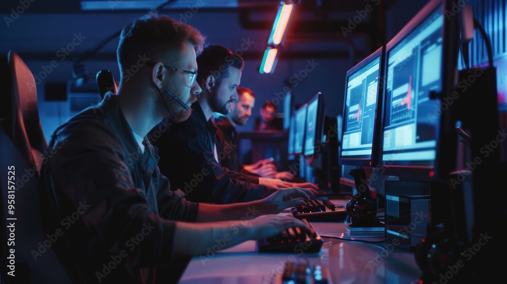 Workers programming CNC machines. Advertising background. Manufacturing processes of factories and plants. Workers programming CNC machines. Advertising background. Manufacturing processes of factories and plants.