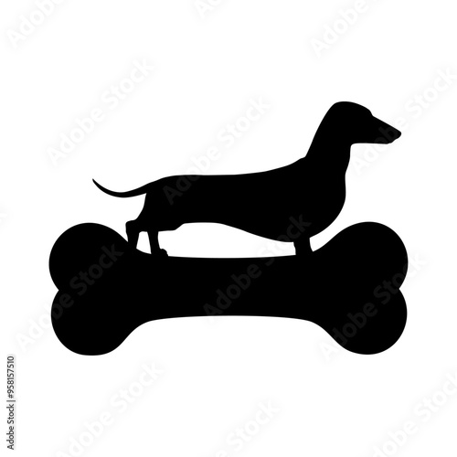 Logo de tienda de alimentos para mascotas. Silueta de perro de raza dachshund de pelo corto de pie sobre hueso