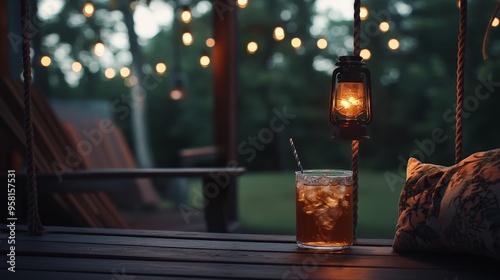 A cozy summer evening on a porch swing, with a gentle breeze, a glass of iced tea, and the soft glow of string lights creating a relaxed ambiance.