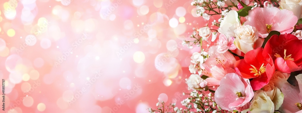 A tight shot of a pink backdrop bearing a bouquet of flowers, illuminated by soft lights in the distance A tight shot of a pink backdrop bearing a bouquet of flowers, illuminated by soft lights in the distance