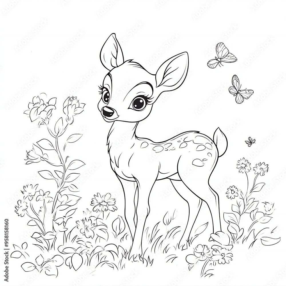 Adorable baby deer in a charming forest scene, perfect for children's coloring book pages, creative and imaginative design new beautiful stock image illustration AI Adorable baby deer in a charming forest scene, perfect for children's coloring book pages, creative and imaginative design new beautiful stock image illustration AI