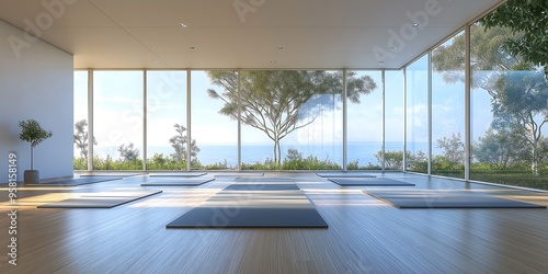 modern living yoga room, Modern Yoga Studio with Floor-to-Ceiling Windows, Natural Light, and a Peaceful Environment for Practice