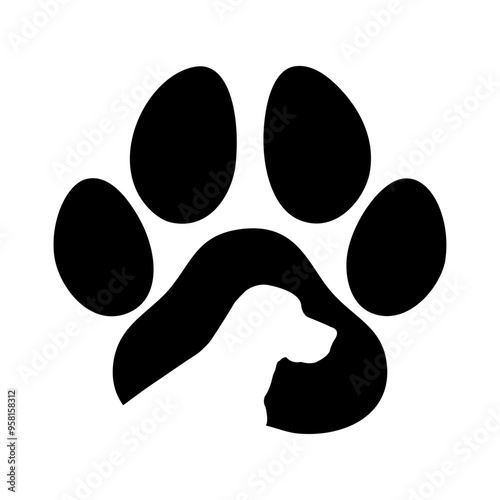 Logo pet friendly. Silueta de pata de perro o gato con cabeza de perro de perfil en espacio negativo