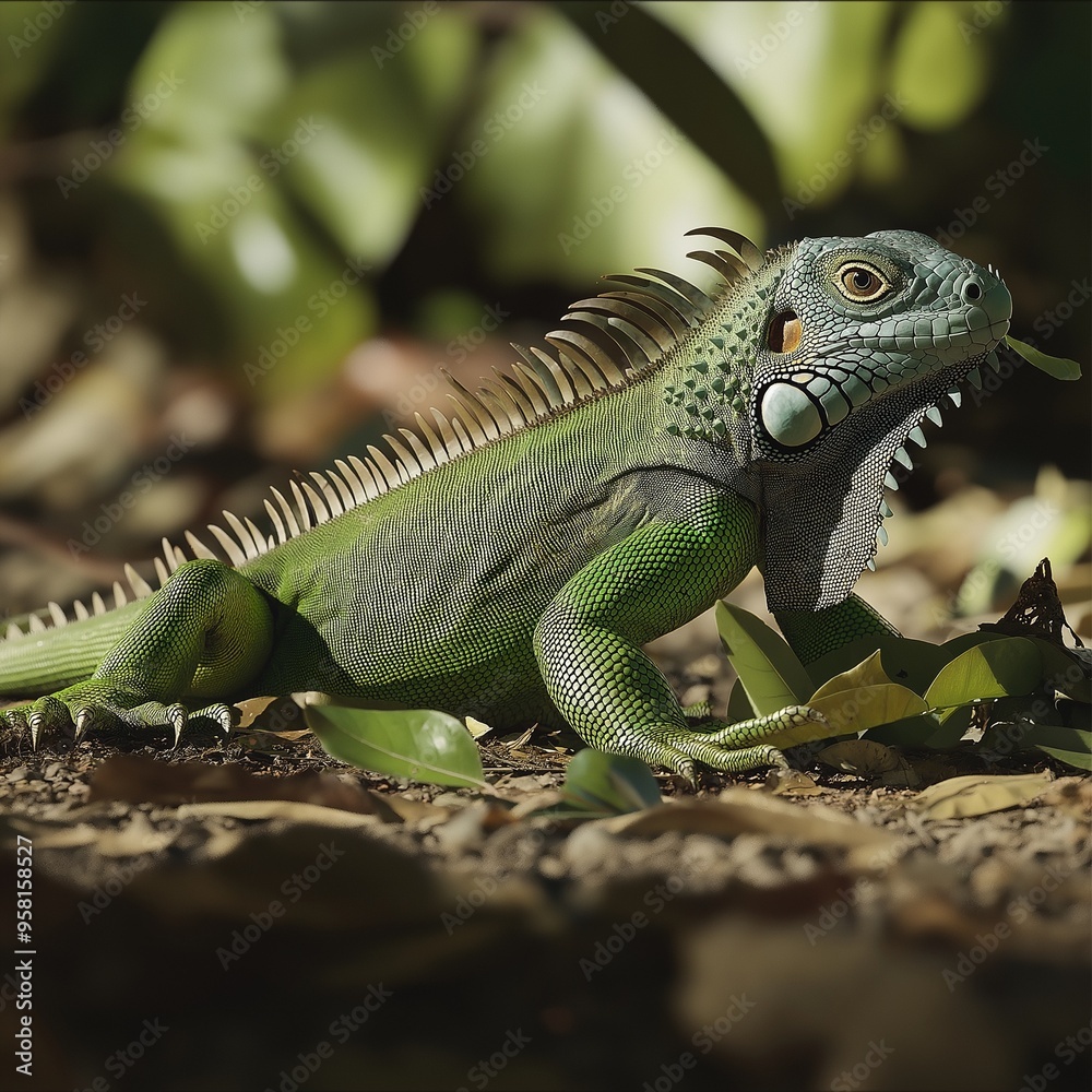 Close-up of a green iguana amidst fallen leaves, capturing its scales and vivid green color. Close-up of a green iguana amidst fallen leaves, capturing its scales and vivid green color.