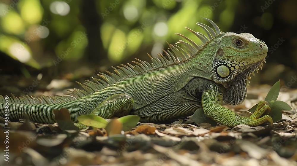 Green iguana resting on the forest floor, showcasing its vibrant color and textured skin. Green iguana resting on the forest floor, showcasing its vibrant color and textured skin.