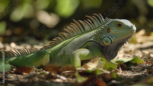 A green iguana basking in its natural environment, highlighting its textured scales and vibrant color.