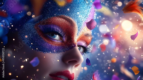 Frontal view of a vibrant carnival scene, interlaced with symbolic elements representing mental well-being, photorealistic digital art, dynamic interplay of emotions and festivities., photo