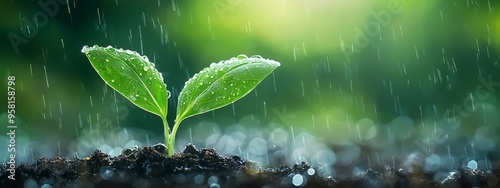  A small, green plant emerges from the ground, adorned with water droplets In the background, a lush expanse of green trees forms a serene backdrop