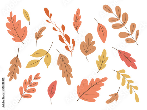 Collection of a flat colorful autumn leaves. Illustration on transparent background