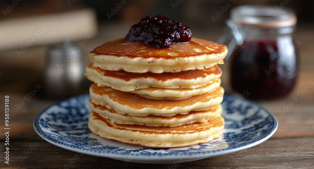 Stack of fluffy pancakes with berry jam on a rustic wooden table in a cozy kitchen setting Stack of fluffy pancakes with berry jam on a rustic wooden table in a cozy kitchen setting