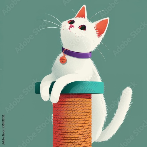 A playful white cat sits on a colorful scratching post, looking curiously with bright eyes, ideal for pet lovers and cat enthusiasts. photo