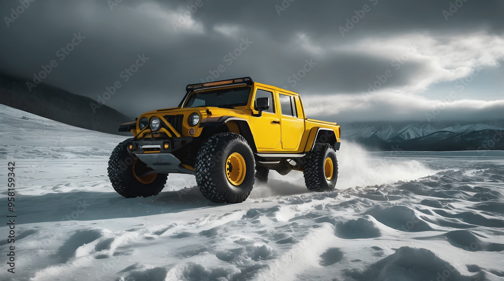Modern yellow off road vehicle driving trough snow on mountain at winter, auto adventure concept, automotive background, action wallpaper
