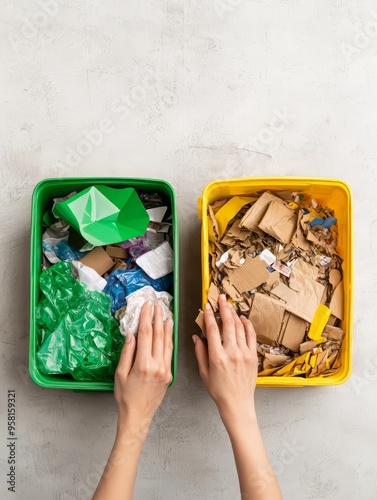 Hands sorting recyclable waste into green and yellow bins, promoting eco-friendly practices and sustainability in waste management. photo