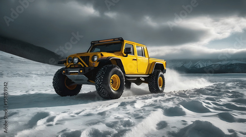Obraz na płótnie Modern yellow off road vehicle driving trough snow on mountain at winter, auto adventure concept, automotive background, action wallpaper w salonie