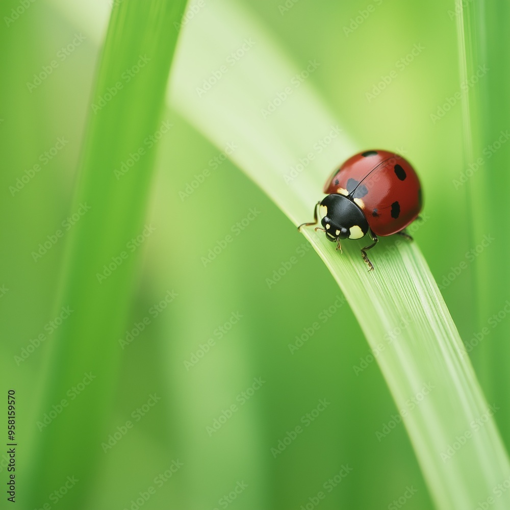 A macro shot of a ladybug on a blade of grass, capturing the tiny details of the insect's vibrant colors. A macro shot of a ladybug on a blade of grass, capturing the tiny details of the insect's vibrant colors.