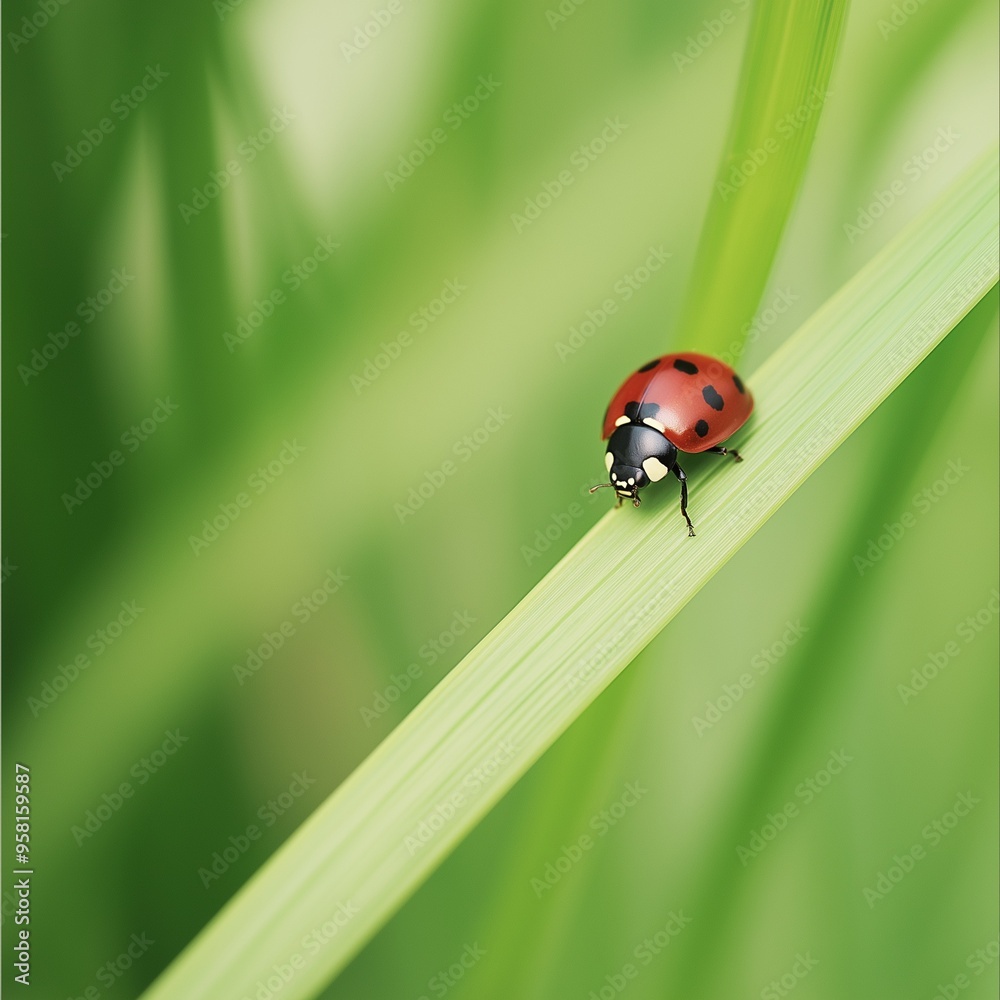 A bright red ladybug perched on the edge of a grass leaf, captured in fine detail against a softly blurred green background, creating a serene and vibrant natural scene. A bright red ladybug perched on the edge of a grass leaf, captured in fine detail against a softly blurred green background, creating a serene and vibrant natural scene.
