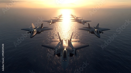 A squadron of sleek, modern fighter jets in echelon right formation, gliding smoothly over an endless ocean, the water reflecting their streamlined forms