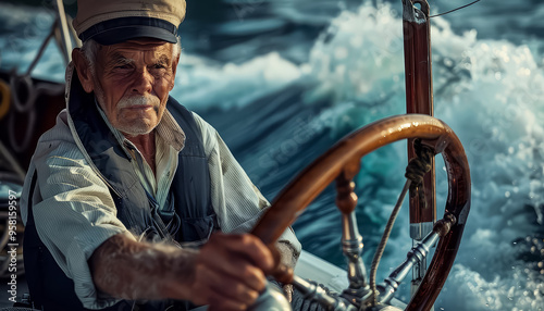 A man in a captain's hat is steering a boat