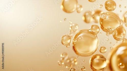 Wallpaper Mural Luxurious gold serum bubbles floating against a soft, light background, highlighting elegance and premium quality of cosmetic products, glowing and radiant design Torontodigital.ca