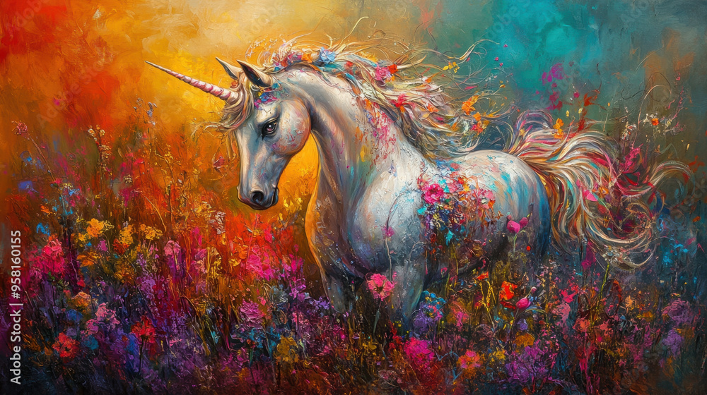 Shimmering Unicorn, A magical unicorn with a sparkling mane and tail, radiating beauty and enchantment in a vibrant, colorful setting Shimmering Unicorn, A magical unicorn with a sparkling mane and tail, radiating beauty and enchantment in a vibrant, colorful setting