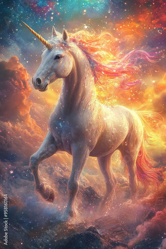 Shimmering Unicorn,  A magical unicorn with a sparkling mane and tail, radiating beauty and enchantment in a vibrant, colorful setting