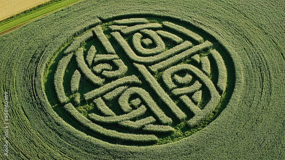 Enchanting Green Crop Circles with Faeo Patterns on a White Background - A Surreal Agricultural Art. Enchanting Green Crop Circles with Faeo Patterns on a White Background - A Surreal Agricultural Art.