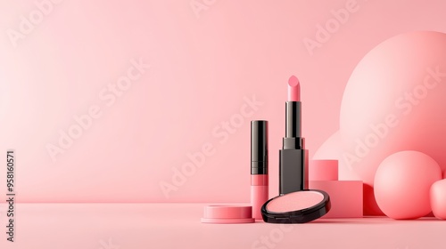 Sophisticated landing page with 3D floating makeup products, featuring sleek animations of lip glosses and palettes, highlighting the brand s premium quality