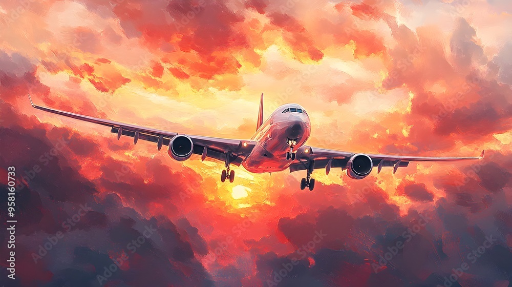 A jet plane dashes through a vast watercolor sky at sunset, where the bold strokes of color reflect off the aircraft, merging speed with artistic expression A jet plane dashes through a vast watercolor sky at sunset, where the bold strokes of color reflect off the aircraft, merging speed with artistic expression