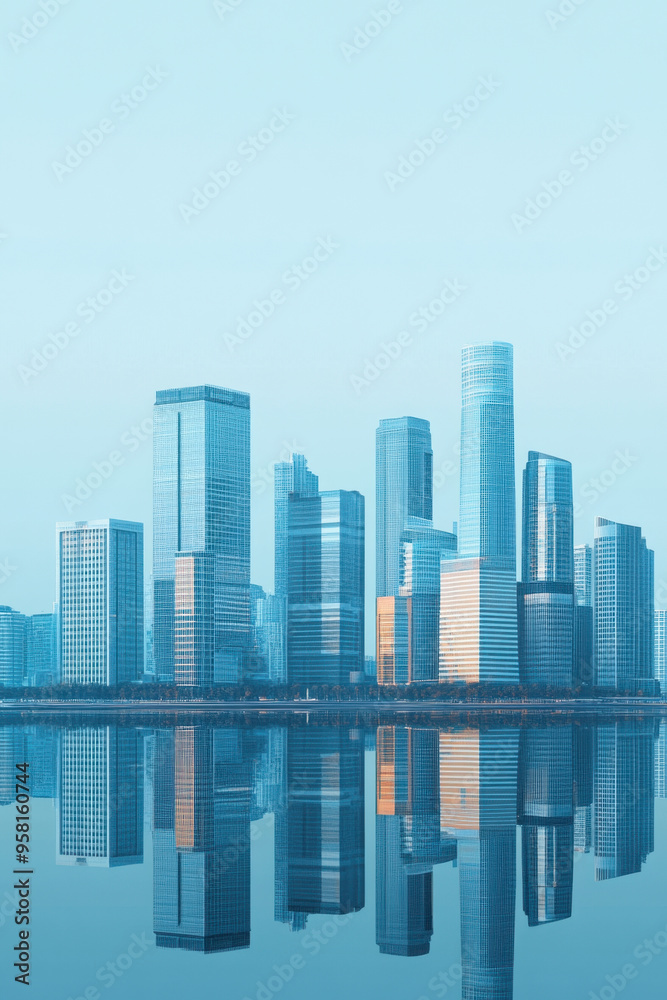 Obraz premium City Skyline, A modern city skyline featuring minimalistic buildings with reflective surfaces set against a soft blue background, ideal for visuals and design