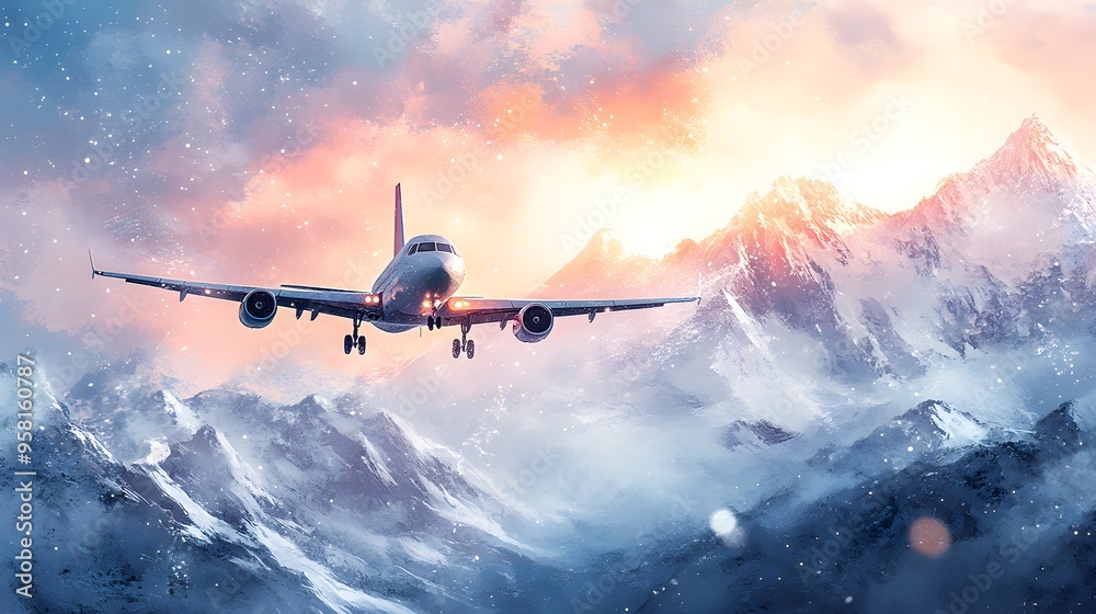 A rescue plane gliding over frozen peaks, the morning sun casting a golden glow on the snow, watercolor sky in delicate hues of blue and pink A rescue plane gliding over frozen peaks, the morning sun casting a golden glow on the snow, watercolor sky in delicate hues of blue and pink