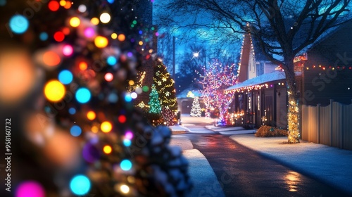 A festive outdoor scene with a neighborhood street illuminated by colorful