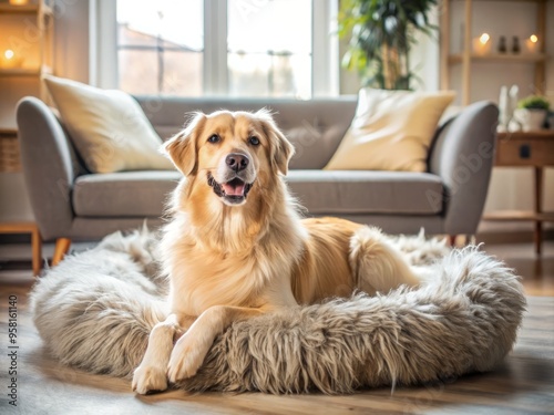 photo image of a fluffy dog lying on an empty dog bed in a cozy living room photo