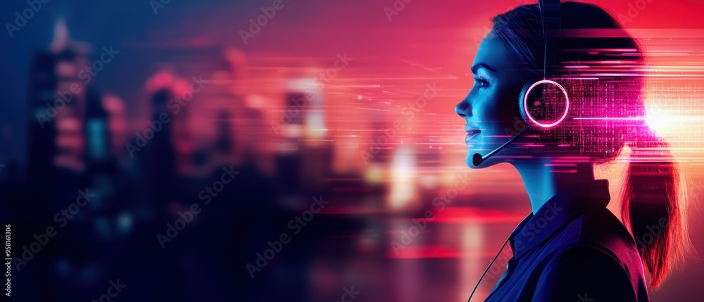 Happy female tech support agent with a headset, standing against a vibrant urban skyline, bright and detailed, representing professional customer service Happy female tech support agent with a headset, standing against a vibrant urban skyline, bright and detailed, representing professional customer service