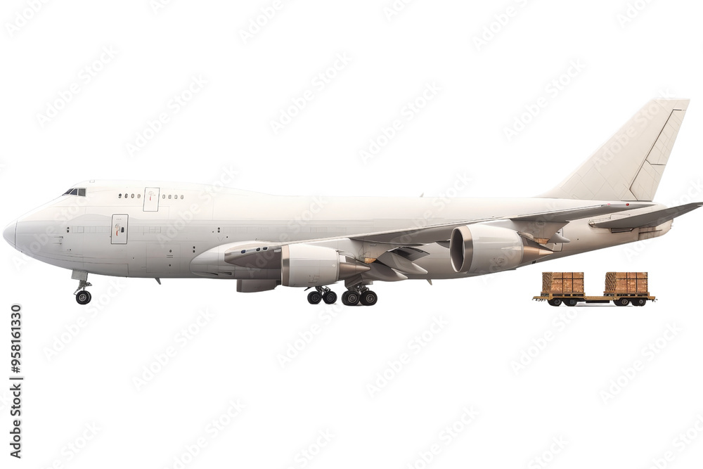 Obraz premium A cargo airplane isolated on a white background, featuring its spacious cargo hold and robust build.