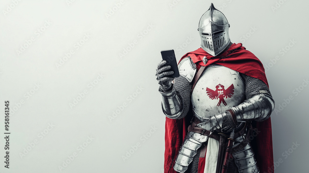 Fototapeta premium A Templar knight in heavy armor with a red cape holding a smartphone. The background is plain and light