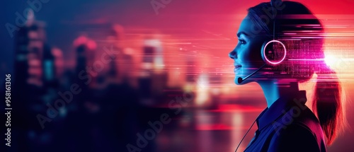 Happy female tech support agent with a headset, standing against a vibrant urban skyline, bright and detailed, representing professional customer service