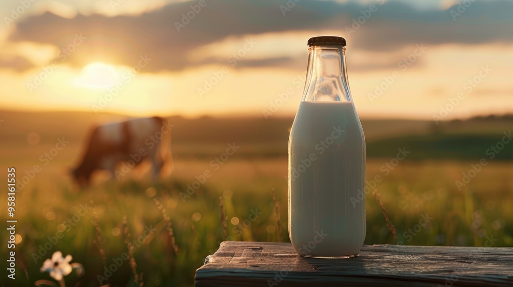 Close up of glass bottle with milk on wooden table against blurred background of green meadow and cow at sunset, real photo. Close up of glass bottle with milk on wooden table against blurred background of green meadow and cow at sunset, real photo.