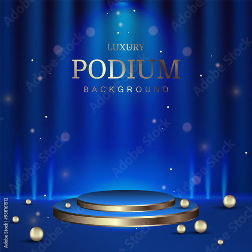 Empty golden podium on a blue background, realistic curtain with light neon effects and decorations in the form of golden balls. Luxury stage design concept. Vector illustration.