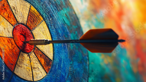 Abstract target with a dart hitting the bullseye, symbolizing precision and successful achievement.