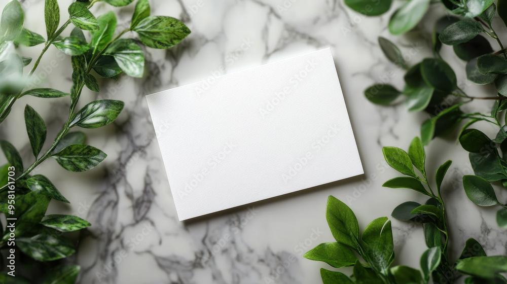 Minimalist Blank Card, A simple, blank card on a marble surface, surrounded by plants, perfect for showcasing designs or creative concepts in natural light Minimalist Blank Card, A simple, blank card on a marble surface, surrounded by plants, perfect for showcasing designs or creative concepts in natural light