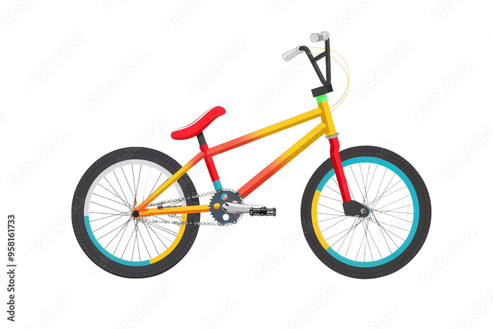 A colorful BMX bike isolated on a white background, showcasing its sturdy frame and freestyle capabilities. A colorful BMX bike isolated on a white background, showcasing its sturdy frame and freestyle capabilities.